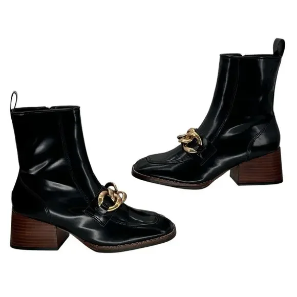 Steve Madden Womens Loreen Chunky Chained Bootie 6.5 Black Faux Patent Leather - Picture 3 of 11